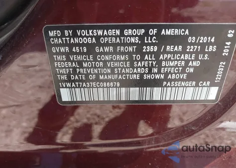 2014 Volkswagen Passat 1.8T Wolfsburg Edition from USA, damaged, VIN 1VWAT7A37EC086679